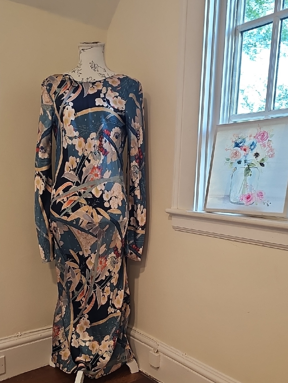 Zara Navy Floral Long Sleeve Maxi Dress
